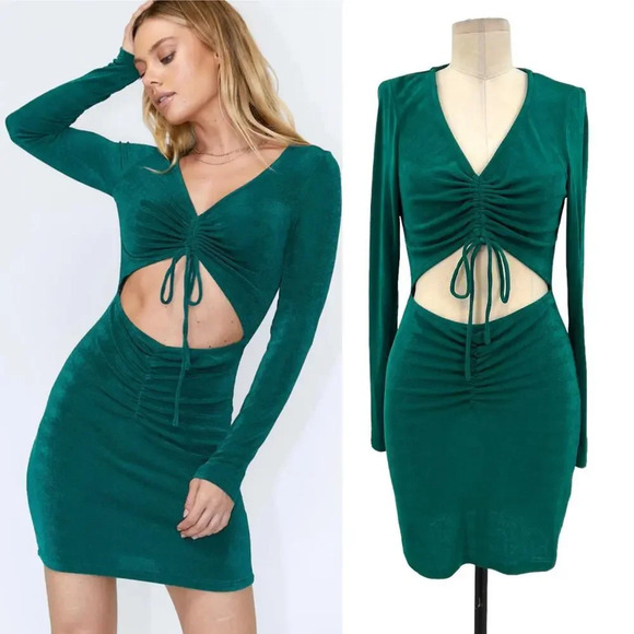 Princess Polly Kylie Mini Dress Forest Green Cut-Out Ruched Bodycon Size US 8 - Picture 1 of 12